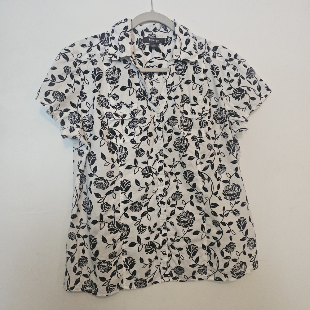 White Collared Black Rose 12P Women's Blouse Floral Short Sleeve Resort Vacation